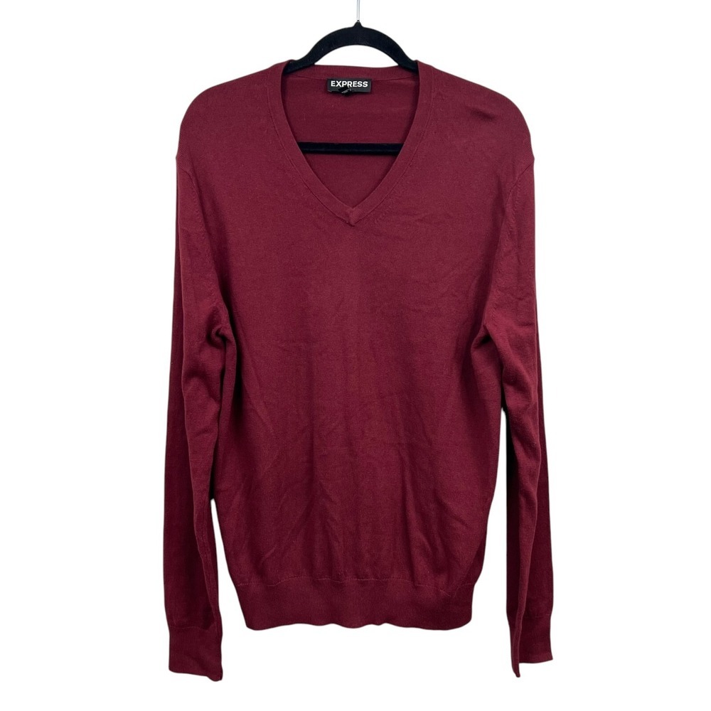 Express Mens Cashmere Blend Knit Sweater V Neck Ribbed Hem Red Burgundy Size L*